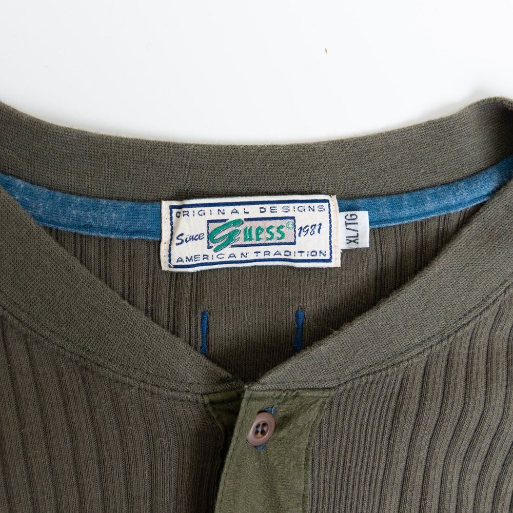 Vintage Guess Thermal Henley XL Army Green Union Made Workwear - Picture 5 of 14